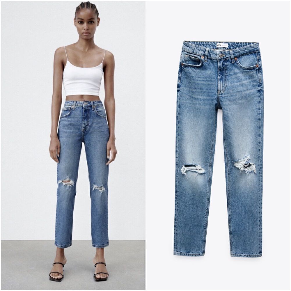 NWT  Zara Slim Fit High Waist Rise Ripped Distressed Jeans